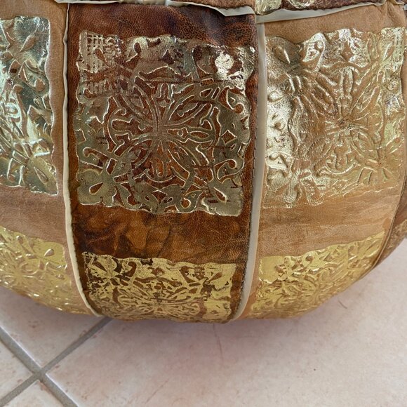 Round Leather Pouf Ottoman with Egyptian Accents - Picture 4 of 8